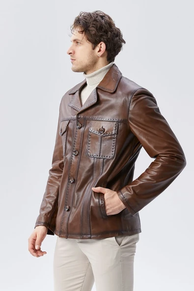 Hakiki Deri Ceket Karartmalı Taba Renk - 6