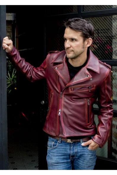 Prof Model Silme Hakiki Koyun Derisi Bordo Renk Biker Mont