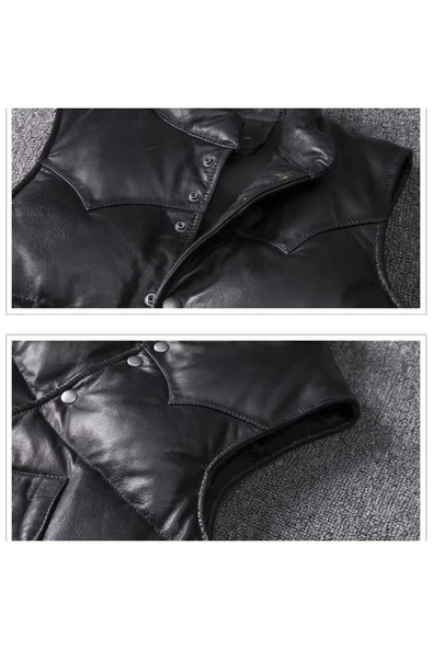 Şişme yelek hakiki kuzu derisi dar kesim siyah renk - 5