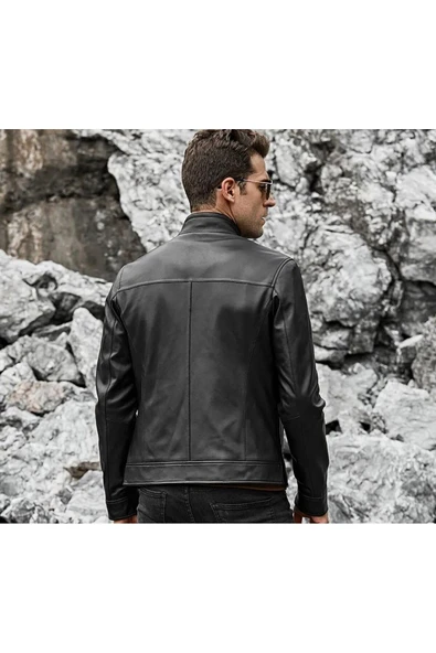 Dik yaka hakiki deri düz mont - Resim 3