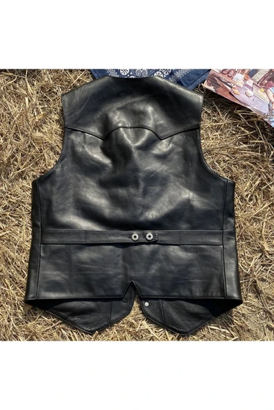 Yakalı metal düğmeli yelek hakiki deri - 3