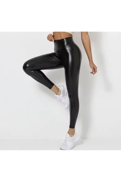 Yüksek Bel Deri Görünümlü Büzgülü Spor Tayt, Siyah, Popo Kaldırıcı, Fitness ve Yoga için - 3