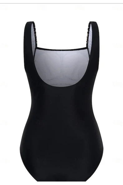 Kare yaka yanları leopar desenli siyah Kadın Mayo - 6