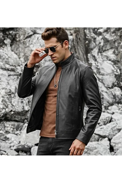 Dik yaka hakiki deri düz mont - Resim 2