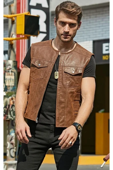 Hakiki Zik Deri Motorcu Yelek - 6