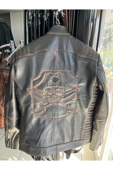 Vintage Tarz Hakiki Deri Motosiklet Montlar, Koyun Derisi, Eskitme Tasarım, Orta Kalınlık - 2