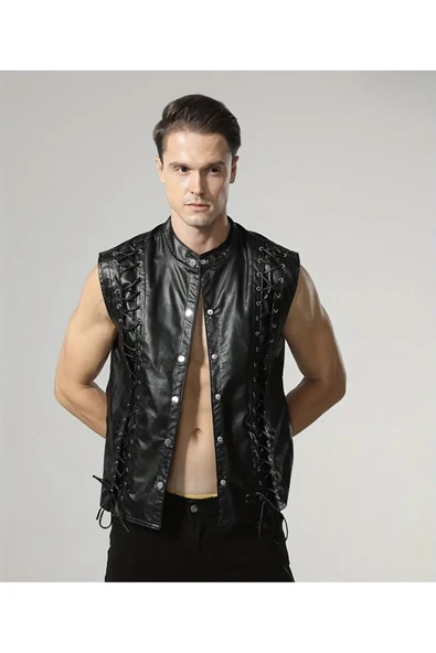 Punk Tarzı Hakiki Deri Yelek ,Deri İp Bağlamalı Silüet ,Dış Kısmı Cepsiz ,İç Kısmı Cepli - 5
