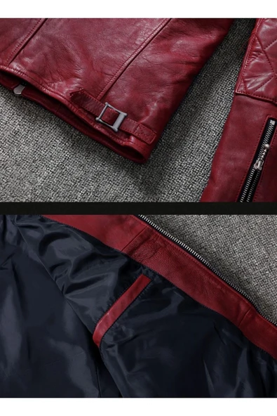 Vintage motosiklet şarap kırmızı renk hakiki deri mont - 5