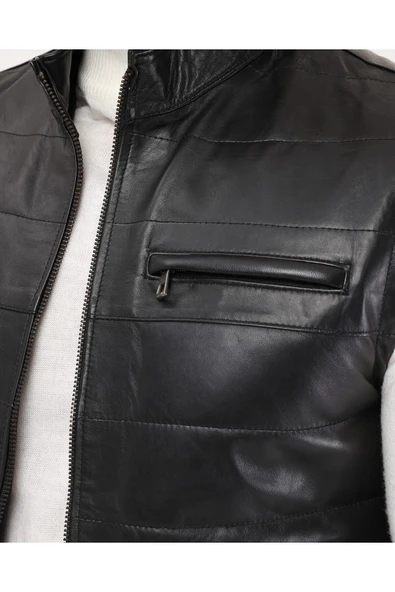 Hakiki Deri Şişme Yelek Hakim Yaka Siyah Renk - 3