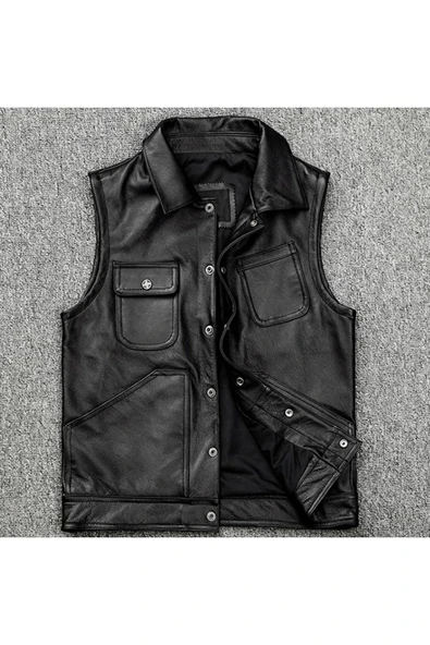 Motorcu tarzı Hakiki kuzu derisi yelek - Resim 3