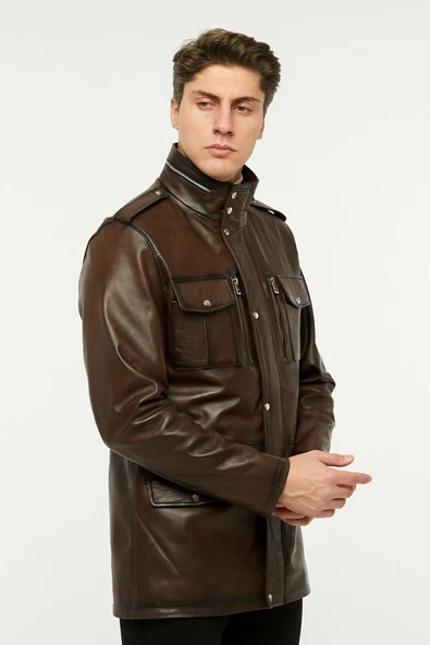 Hakiki deri uzun mont hakim dik yaka kahve renk ürün görseli