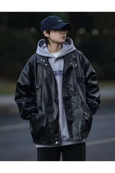 Ultra ovarsize hakiki deri unisex hip hop ceket tarzı mont ürün görseli