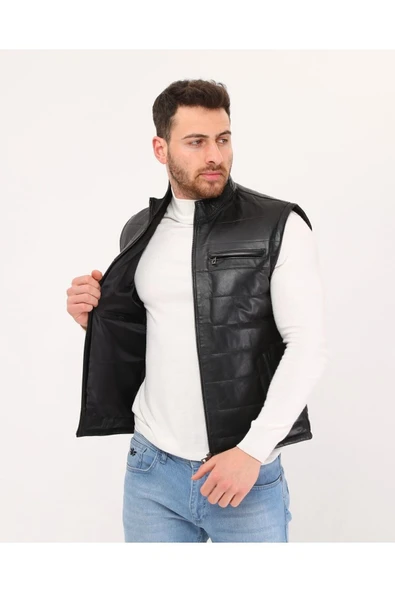Hakiki Deri Şişme Yelek Hakim Yaka Siyah Renk - 6