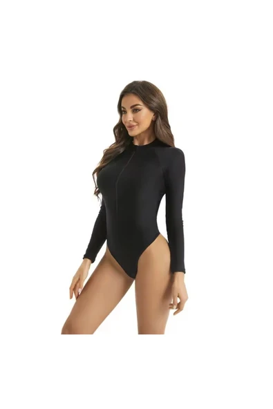 Kadın Sörf Tek Parça Mayo Yüksel Bel Fermuarlı Dalış Uzun Kollu - 5