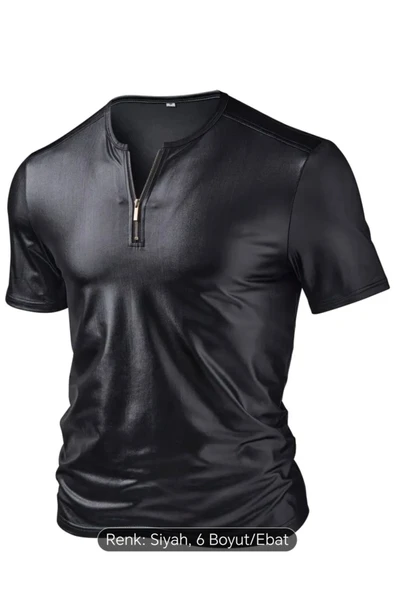 Suni Deri Bisiklet Fermuar Yakalı Tişört - 4