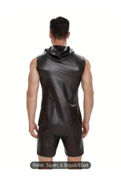 Deri Tişört Kapüşonlu Sıfır Kol Dar Kesim - 3