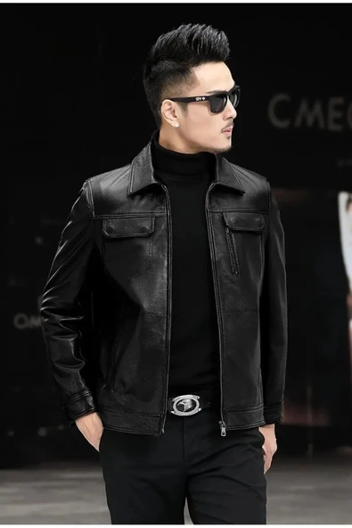 Hakiki deri ceket tarzı mont gömlek yaka - Resim 4