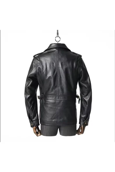 Yakası fermuarlı dik hakim yaka hakiki deri mont - 4