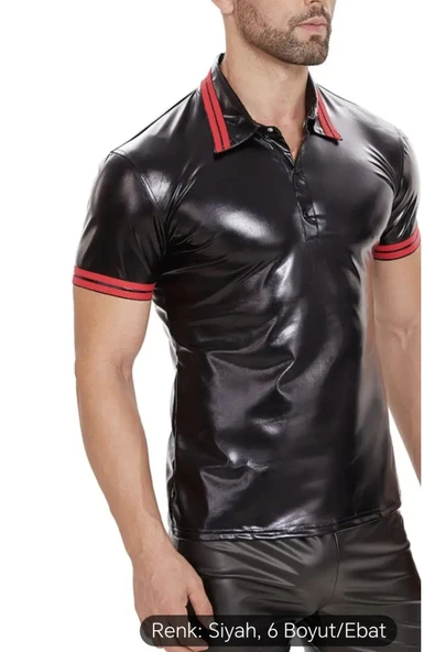 Deri Polo Yaka Tişört Kırmızı şeritli desenli