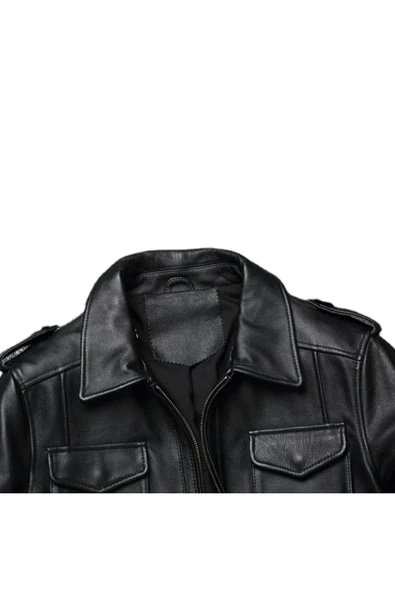 Hakiki kuzu derisi mont kolları yatay gri çizgili siyah mont - Resim 5