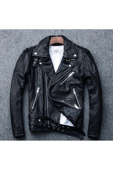 Hakiki deri motosiklet Biker mont - Resim 4