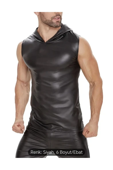 Deri Tişört Kapüşonlu Sıfır Kol Dar Kesim - 4