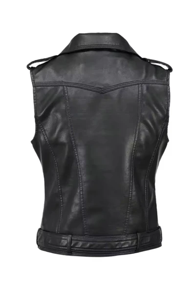 Hakiki kuzu derisi Kadın Motorcu Tarzı Biker Yelek - Resim 6