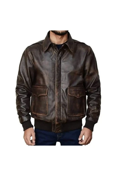 Prof Model Eskitme Gömlek Yaka Pilot Mont Hakiki Koyun Derisi Kahverengi