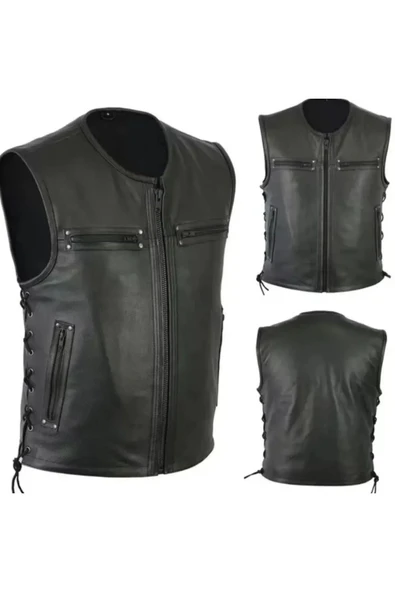 Cooper hakiki deri yelek yandan bağcıklı fermuar kapamalı