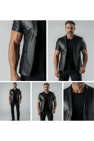 Kısa Kollu Hakiki Deri Blazer Ceket Erkek SlimFit - 6