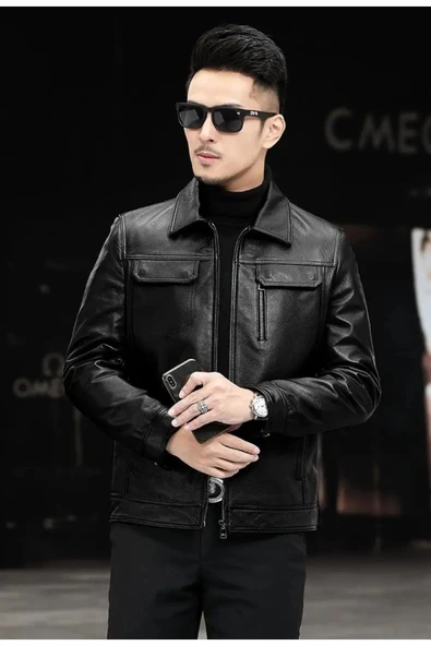 Hakiki deri ceket tarzı mont gömlek yaka ürün görseli