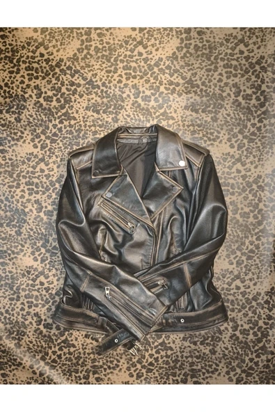 Hakiki deri Kadın ceket slim-fit biker model motorcu tarzı eskitme - 5