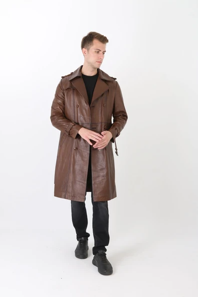 Hakiki deri erkek pardesü kahve renk - Resim 3