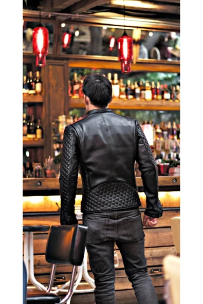 Prof Model Kapitone Dikim Detaylı Hakiki Koyun Derisi Biker Mont - 4