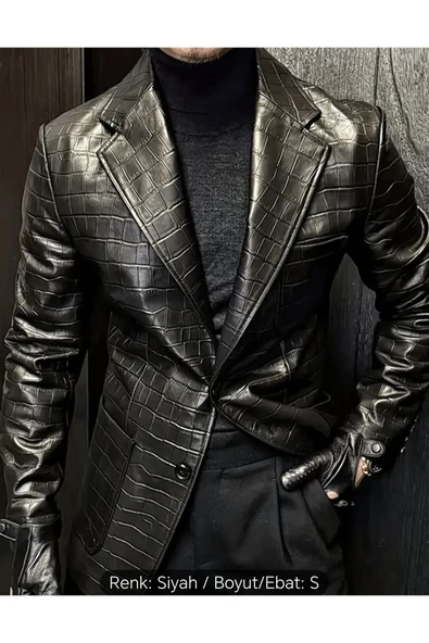Timsah Deri Baskılı Hakiki kuzu derisi klasik ceket - 6