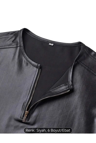 Suni Deri Bisiklet Fermuar Yakalı Tişört - 2
