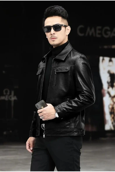 Hakiki deri ceket tarzı mont gömlek yaka - Resim 2