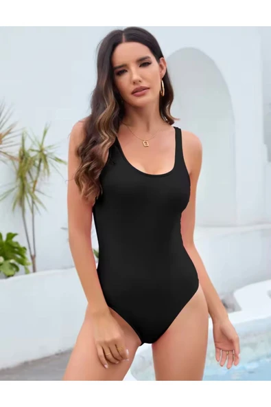 Siyah U Yaka Tek Parça Mayo,Yarım Açık Sırt - 5