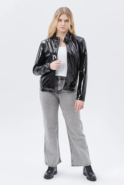 Rugan deri ceket tarzı yağmurluk siyah parlak - 7