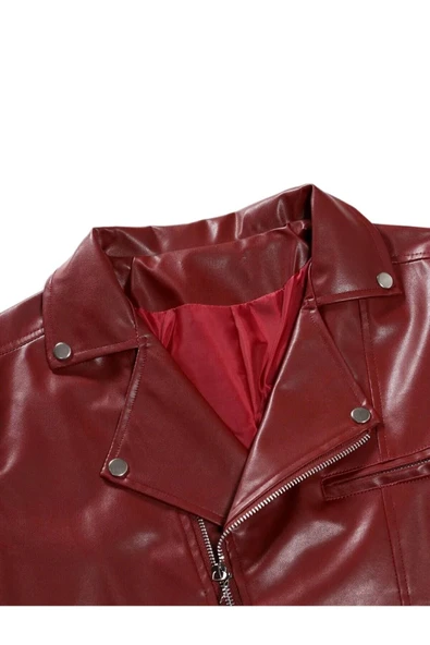 Motorcu tarzı traşlı dana derisi biker mont bordo renk - 3