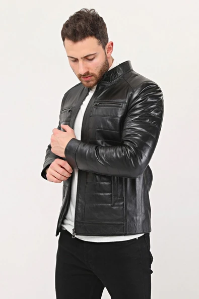 Hakiki Deri Şişme Tarzı Mont Siyah Renk - 4