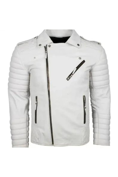 Motorcu tarzı kuzu derisi biker mont beyaz renk - 6