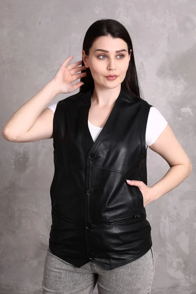 Hakiki Deri Yelek Yandan Cepli Kadın - 2