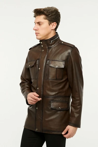 Hakiki deri uzun mont hakim dik yaka kahve renk - Resim 5