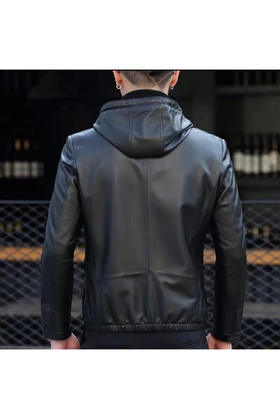 Kapüşonlu hakiki deri spor ceket - 2
