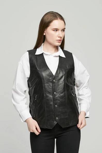 Hakiki Deri Yandan Ayarlanabilir Bağcıklı Yelek Siyah Renk Kadın - 5