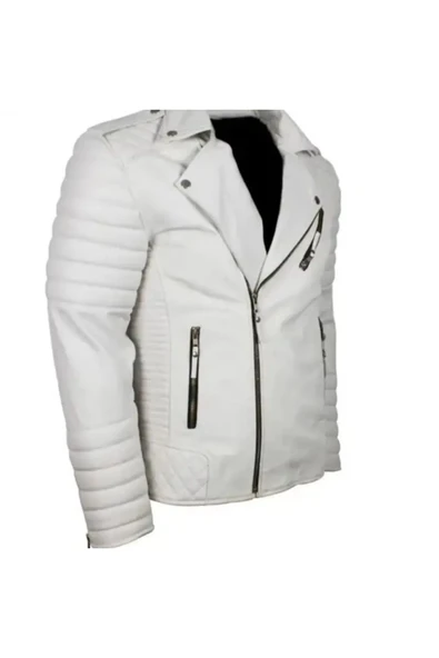 Motorcu tarzı kuzu derisi biker mont beyaz renk - 3