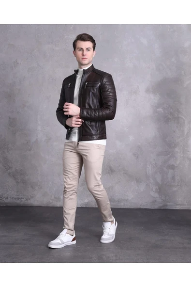 Motorcu Tarzı Mont Spor Kesim Kahve Renk - Resim 3
