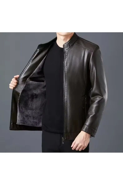 Tüylü Hakiki Deri Ceket Erkek Dar Kesim