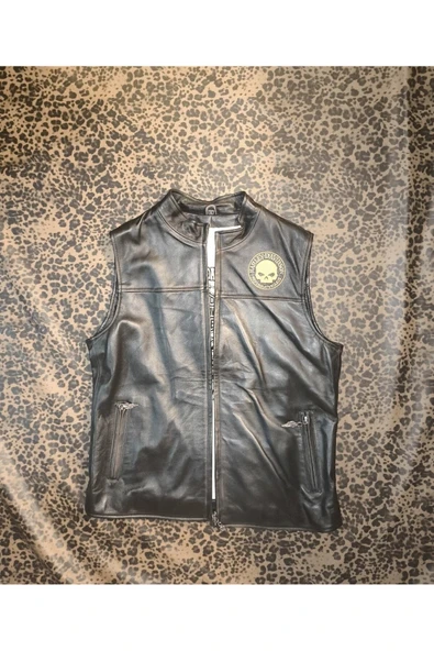 Hakiki deri Erkek yelek regular-fit motorcu tarzı eskitme - 2